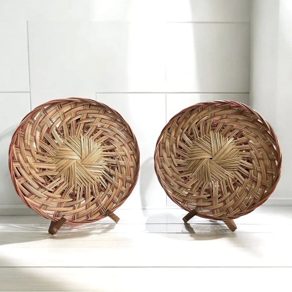 2 Basket Tray Round Two-Tone Coco Midrib Boho Rattan Wicker Reed Basket Decor